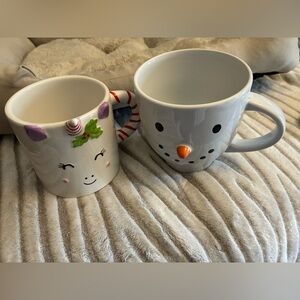Whimsical Holiday Snowman and Unicorn Mug Duo